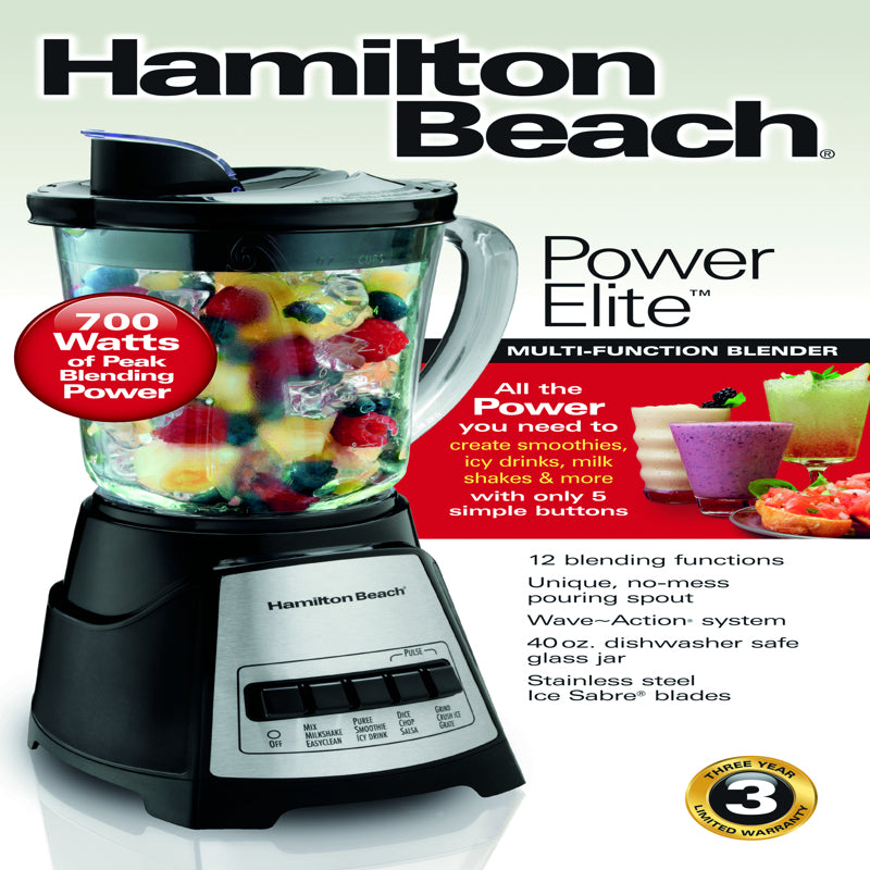 Hamilton Beach Power Elite Black/Silver Metal/Plastic Blender 40 oz 12 speed