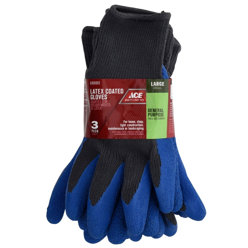 Ace Men's Indoor/Outdoor Coated Work Gloves Blue/Gray L 3 pk