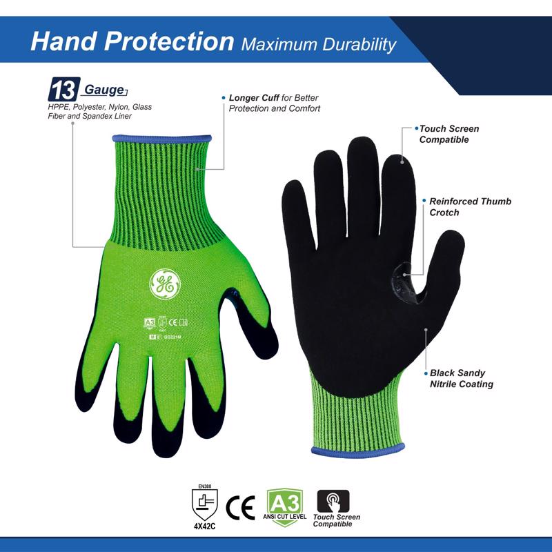 General Electric Unisex Dipped Gloves Black/High-Vis Green M 1 pair