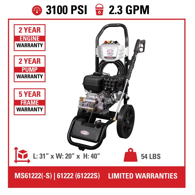 Simpson MegaShot MS61222 CRX 3100 psi Gas 2.3 gpm Pressure Washer