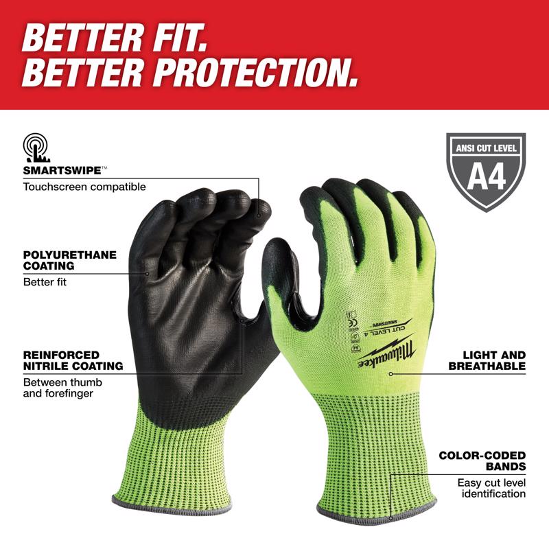 Milwaukee Cut Level 4 Men's Polyurethane Dipped Gloves High-Vis Green M 1 pair