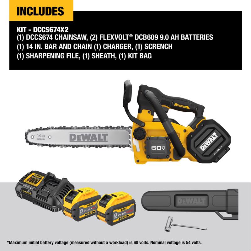 DeWalt 60V MAX DCCS674X2 14 in. 35 cc 60 V Battery Chainsaw Kit (Battery & Charger)