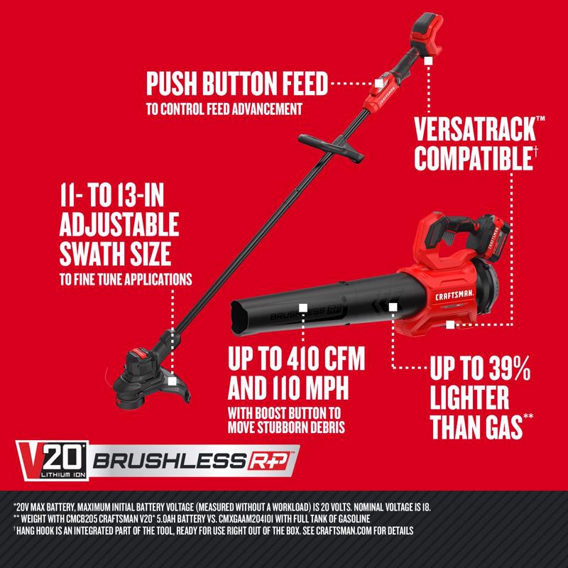 Craftsman V20 BRUSHLESS RP CMCK497P1 13 in. 20 V Battery String Trimmer Kit (Battery & Charger)