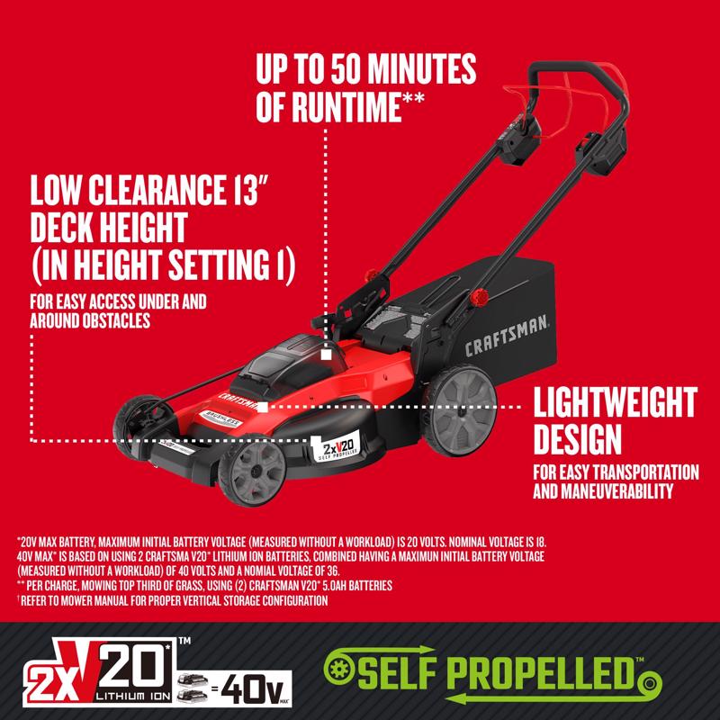 Craftsman V20 2x20V CMCMWSP220P2 13 in. Battery Self-Propelled Lawn Mower Kit (Battery & Charger)