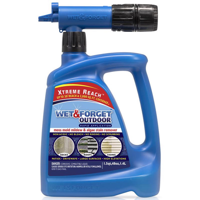 Wet & Forget Outdoor Moss, Mold, Mildew, & Algae Stain Remover Multi-Surface Cleaner, Xtreme Reach Hose End with New & Improved Nozzle, 48 Fluid Ounces