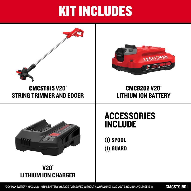 CRAFTSMAN CMCST915D1 10 in. 20 V Battery String Trimmer Kit (Battery & Charger)