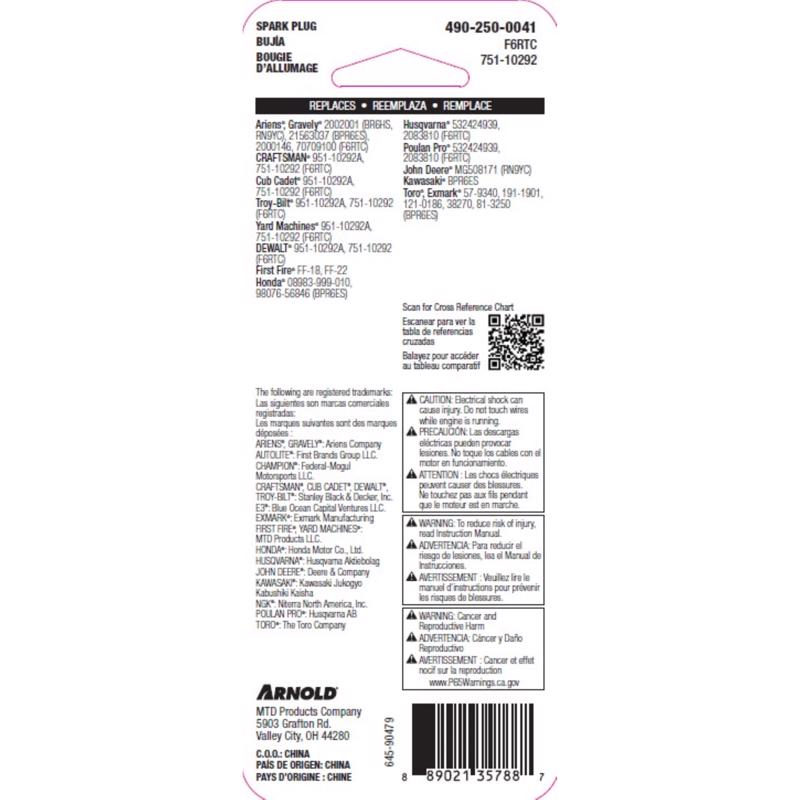 Arnold Spark Plug RN9YC, BPR6ES, E3.22, E3.34