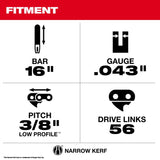 Milwaukee 16 in. Bar and Chain Combo 56 links