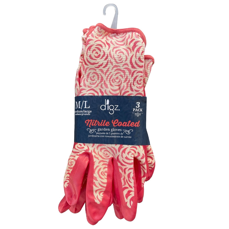 Digz Women's Indoor/Outdoor Gardening Gloves Pink M/L 3 pair