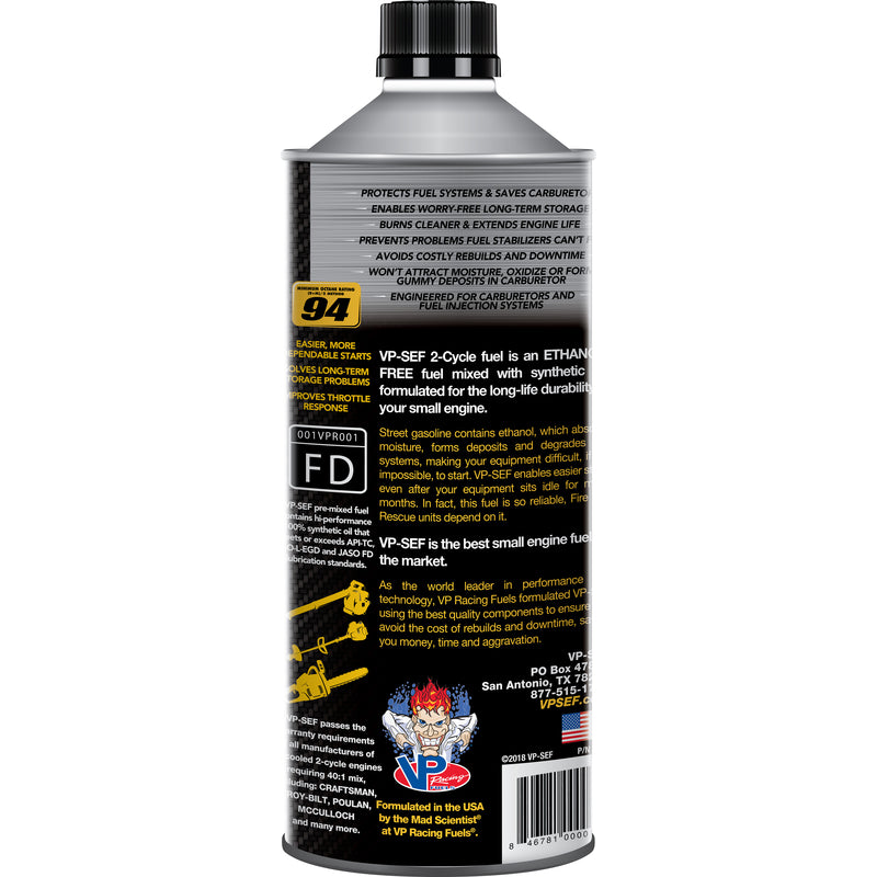 VP Racing Fuels Small Engine Ethanol-Free 2-Cycle 40:1 Pre-Mixed Fuel 1 qt