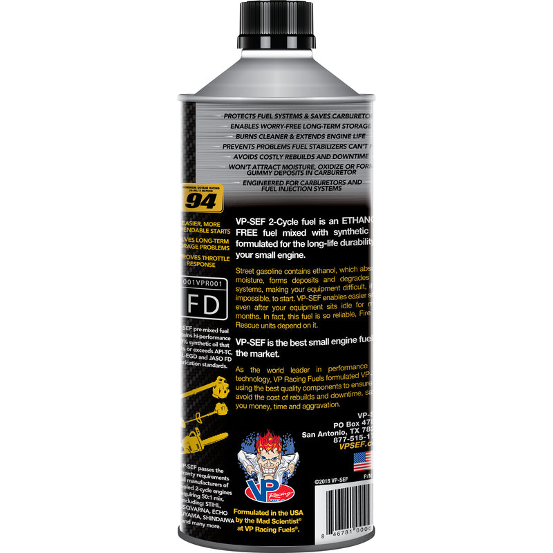 VP Racing Fuels Small Engine Ethanol-Free 2-Cycle 50:1 Pre-Mixed Fuel 1 qt