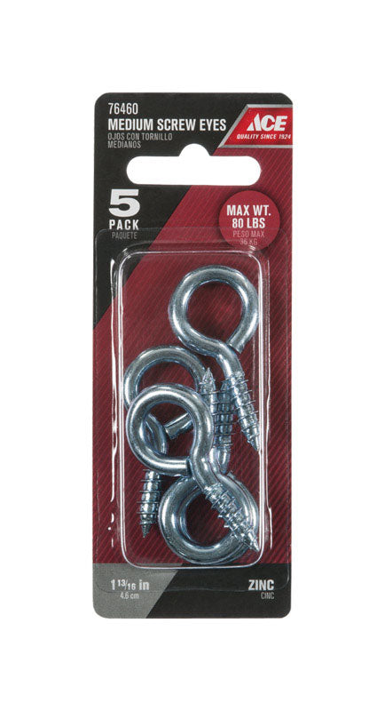 Ace 1/4 in. D X 1-13/16 in. L Zinc-Plated Steel Screw Eye 80 lb. cap. 5 pk