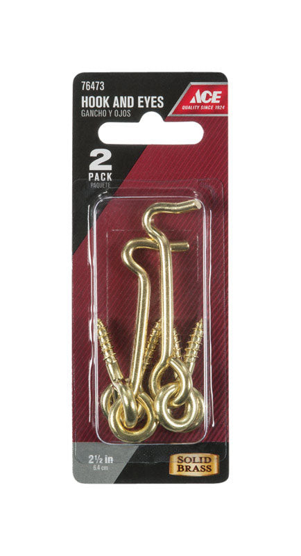 Ace Small Polished Brass Green Brass 2.5 in. L Hook and Eye 2 pk