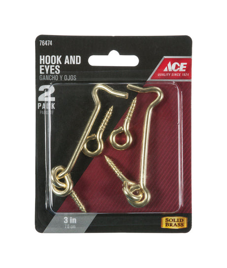 Ace Small Polished Brass Green Brass 3 in. L Hook and Eye 2 pk
