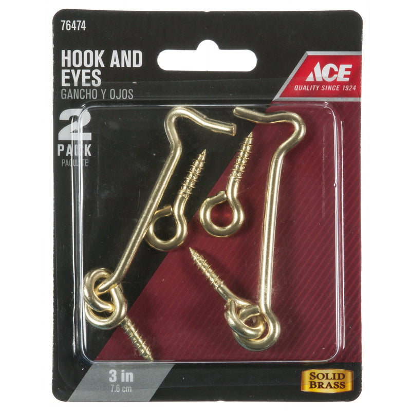 Ace Small Polished Brass Green Brass 3 in. L Hook and Eye 2 pk