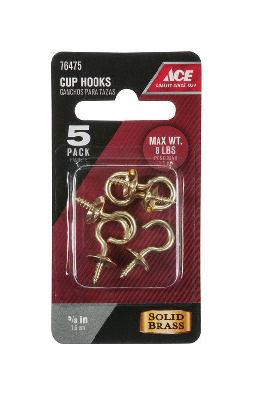 Ace Small Polished Brass Green Brass 0.875 in. L Cup Hook 8 lb 5 pk