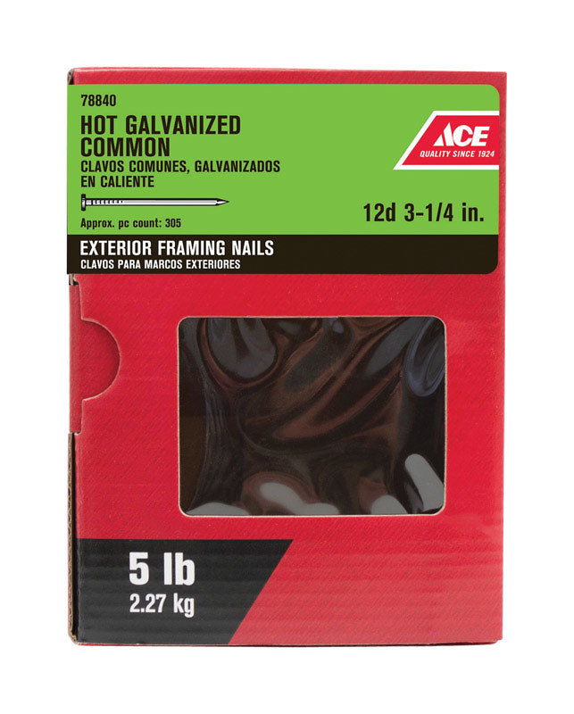 Ace 12D 3-1/4 in. Common Hot-Dipped Galvanized Steel Nail Flat Head 5 lb