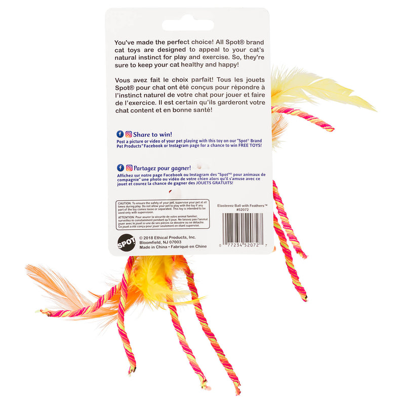 Spot Elasteeez Assorted Rope/Rubber Ball With Feather Cat Toy Small