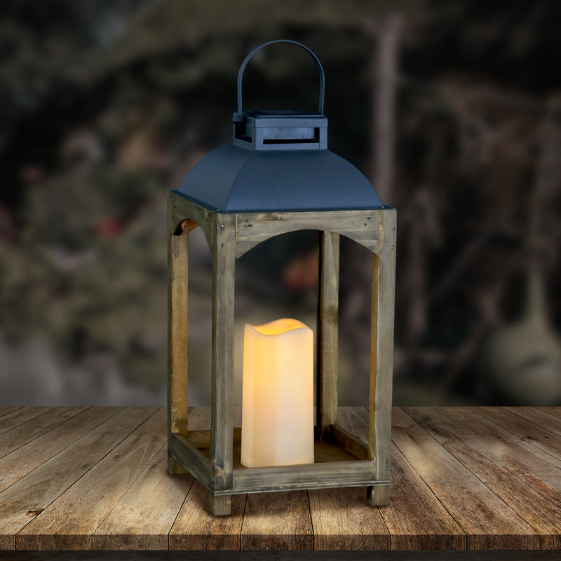 Exhart 16 in. Metal/Wood Multicolored Solar Lantern with Candle