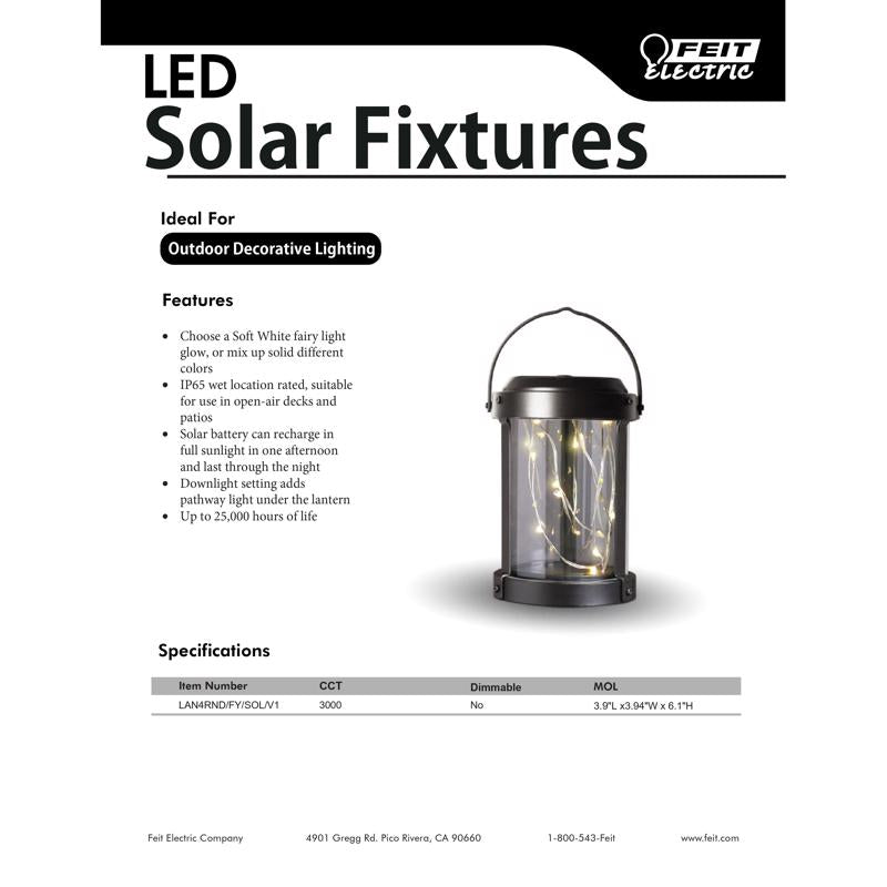 Feit Solar Fixtures 12 in. Solar Power Metal Round Coach Lantern Black Crackle Jar w/Fairy Lights