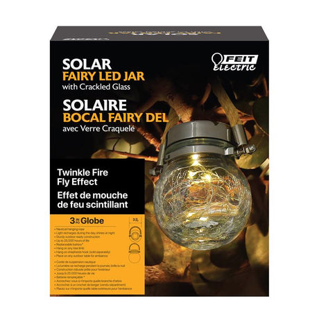 Feit Solar Fixtures 3.7 in. Solar Power Glass Round Coach Lantern Clear Crackle Jar w/Fairy Lights