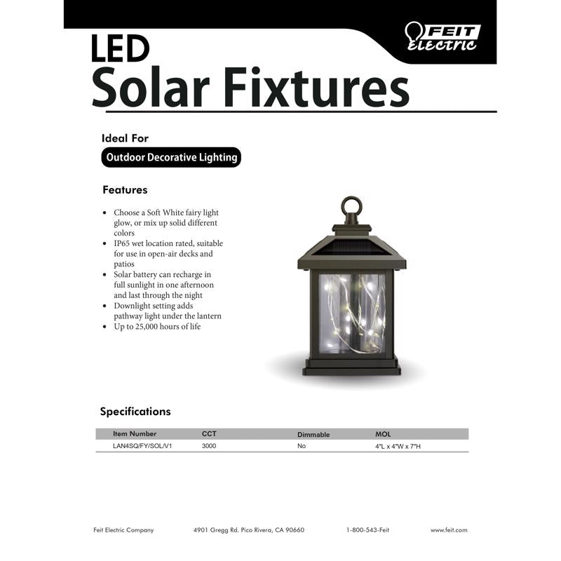 Feit 4 in. Solar Power Metal Square Coach Lantern Black Solar Lantern