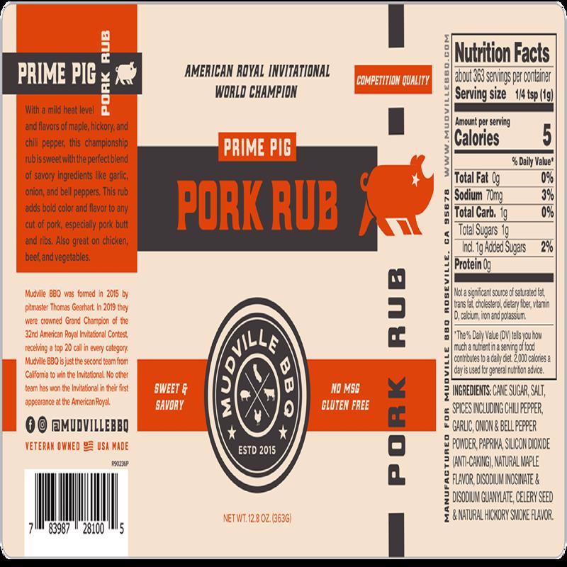 Mudville BBQ Prime Pig Sweet & Savory Pork and Poultry Rub 12.8 oz