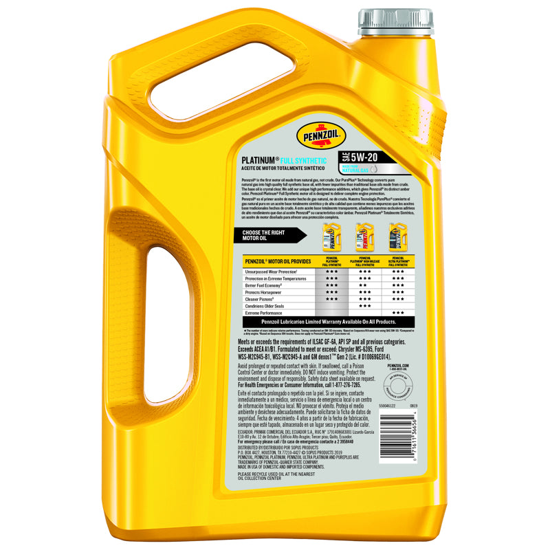 Pennzoil Platinum 5W-20 Gasoline Synthetic Motor Oil 5 qt 1 pk