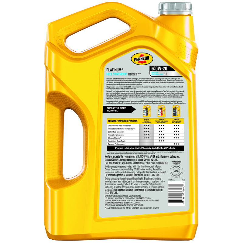 Pennzoil Platinum 0W-20 Gasoline Synthetic Motor Oil 5 qt 1 pk