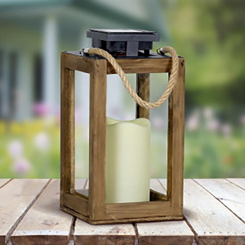 Exhart 11 in. Solar Power Glass/Wood Black/Brown Solar Lantern with Candle