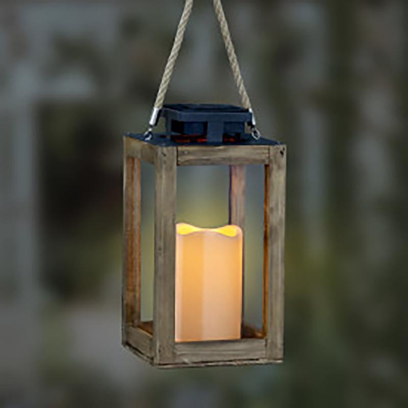 Exhart 11 in. Solar Power Glass/Wood Black/Brown Solar Lantern with Candle