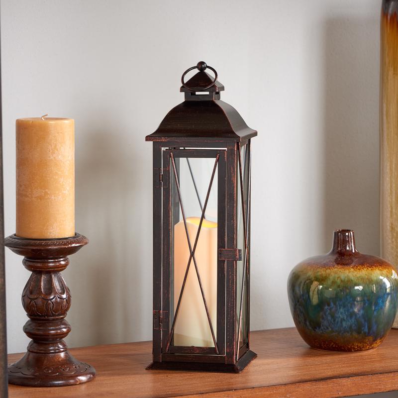 Smart Living 16 in. Glass/Metal Siena Bronze LED Candle Lantern