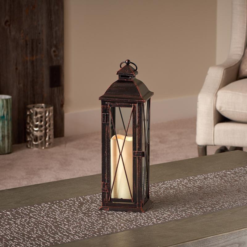 Smart Living 16 in. Glass/Metal Siena Bronze LED Candle Lantern