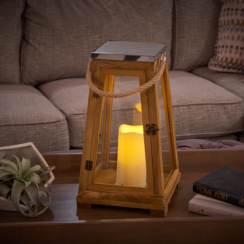 Smart Living 15 in. One Mantle Wood Newport Brown LED Candle Lantern