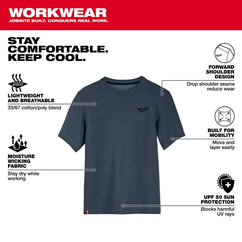 Milwaukee XL Short Sleeve Men's Crew Neck Blue Hybrid Work Tee Shirt