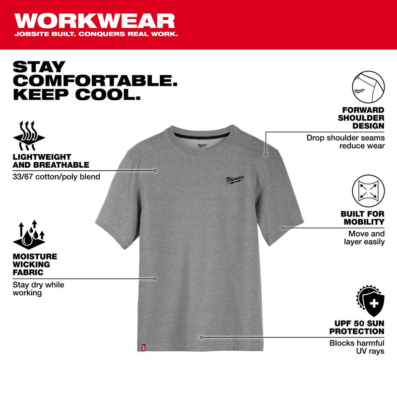Milwaukee XXL Short Sleeve Men's Crew Neck Gray Hybrid Work Tee Shirt