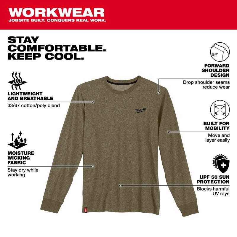 Milwaukee L Long Sleeve Men's Crew Neck Green Hybrid Work Tee Shirt