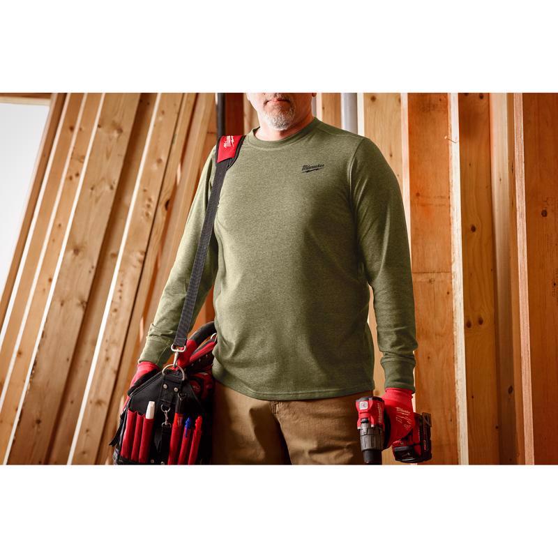 Milwaukee L Long Sleeve Men's Crew Neck Green Hybrid Work Tee Shirt
