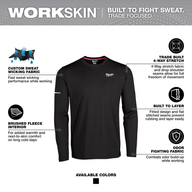 Milwaukee Workskin XL Long Sleeve Men's Crew Neck Black Midweight Base Layer Tee Shirt