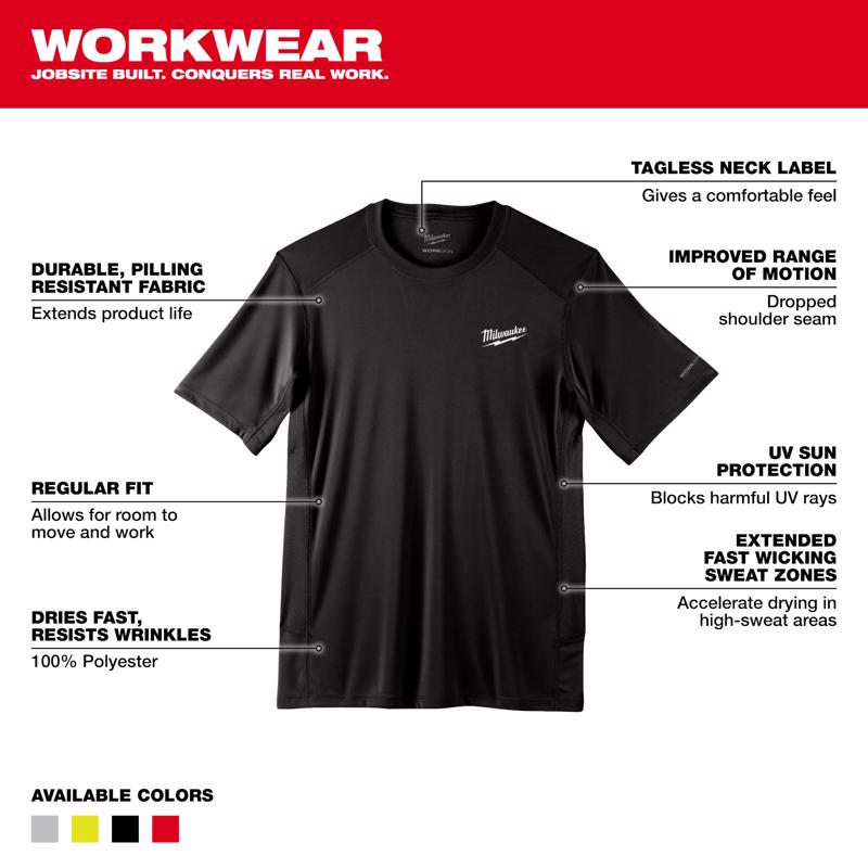 Milwaukee Workskin XXL Short Sleeve Men's Crew Neck Black Lightweight Performance Tee Shirt
