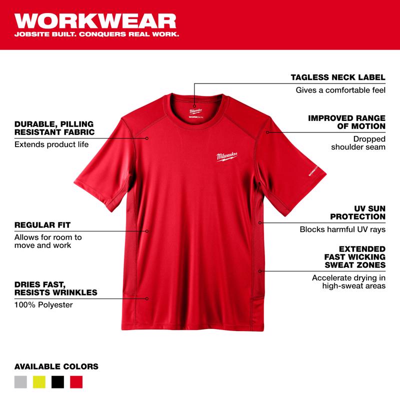 Milwaukee Workskin XXL Short Sleeve Men's Crew Neck Red Lightweight Performance Tee Shirt