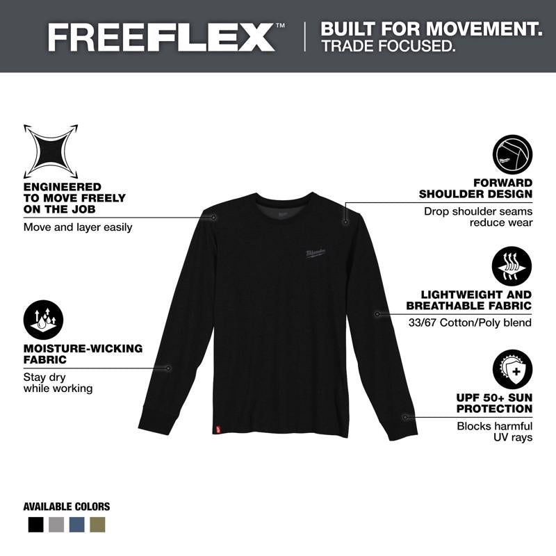 Milwaukee Freeflex XXL Long Sleeve Men's Crew Neck Black Hybrid Work Tee Shirt