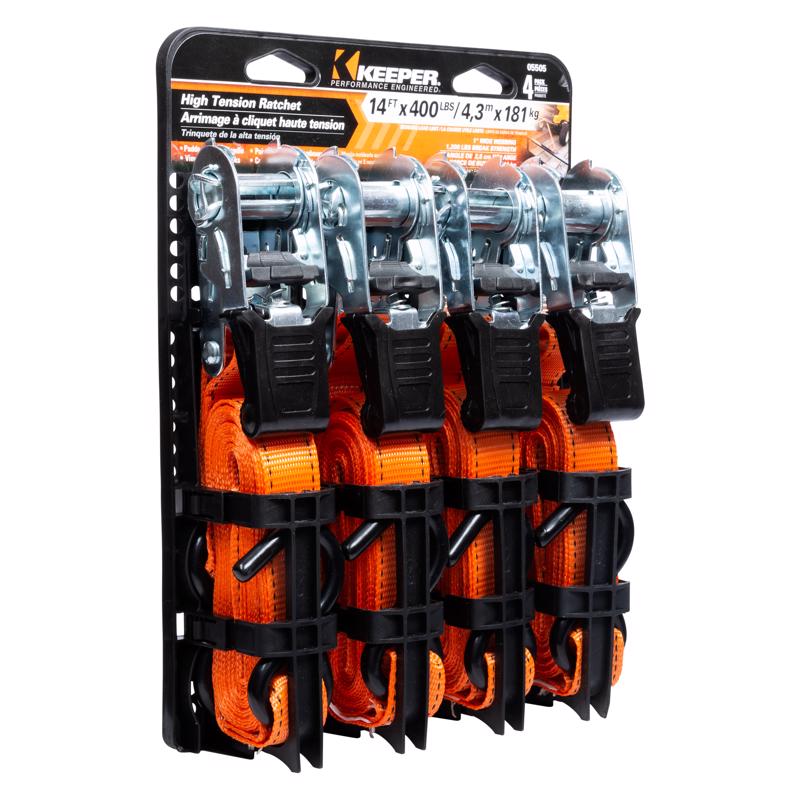 Keeper 1 in. W X 14 ft. L Orange Tie Down w/Ratchet 400 lb 4 pk