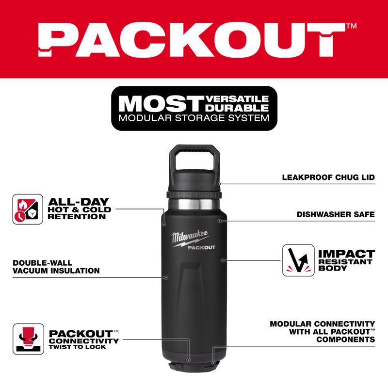 Milwaukee Packout 36 oz Black BPA Free Bottle with Chug Cap