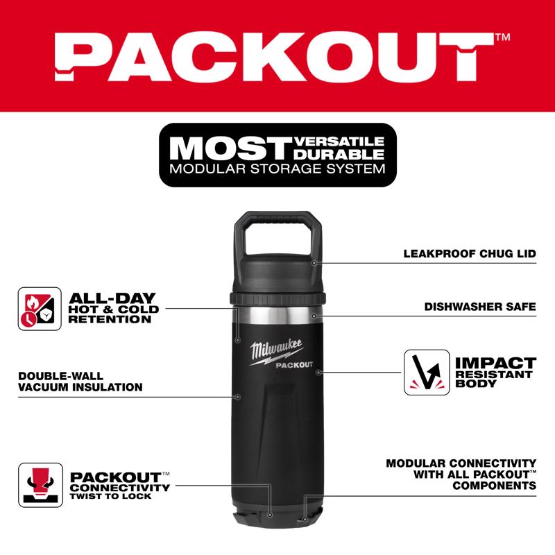 Milwaukee Packout 18 oz Black BPA Free Bottle with Chug Cap