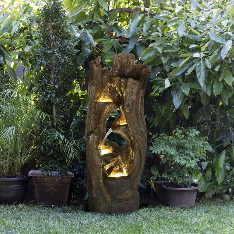 Alpine Polystone Brown 39 in. H Tree Trunks Waterfall Fountain with LED Light