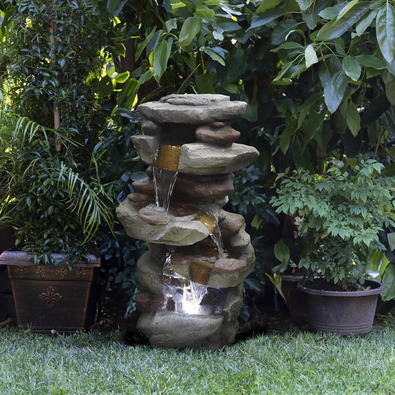 Alpine Polystone Gray 31 in. H Rock Fountain with LED Light