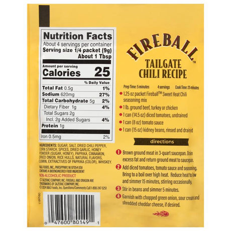 Fireball Sweet Heat Chili Whiskey Seasoning 1.25 oz Pouch