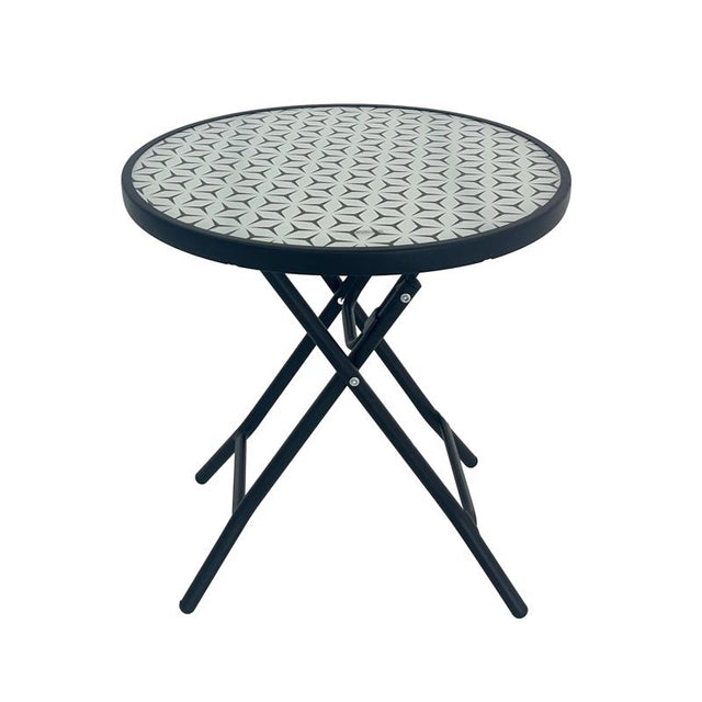 Living Accents Patterned Top Black Round Glass Folding Side Table