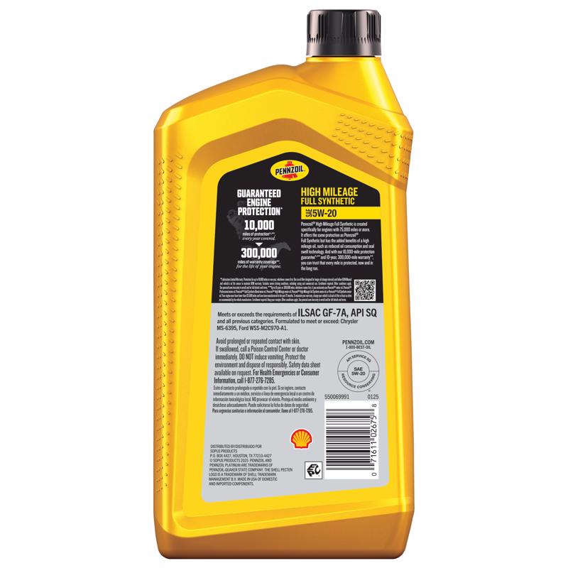 Pennzoil Full Synthetic 5W-20 High Mileage Motor Oil 1 qt 1 pk